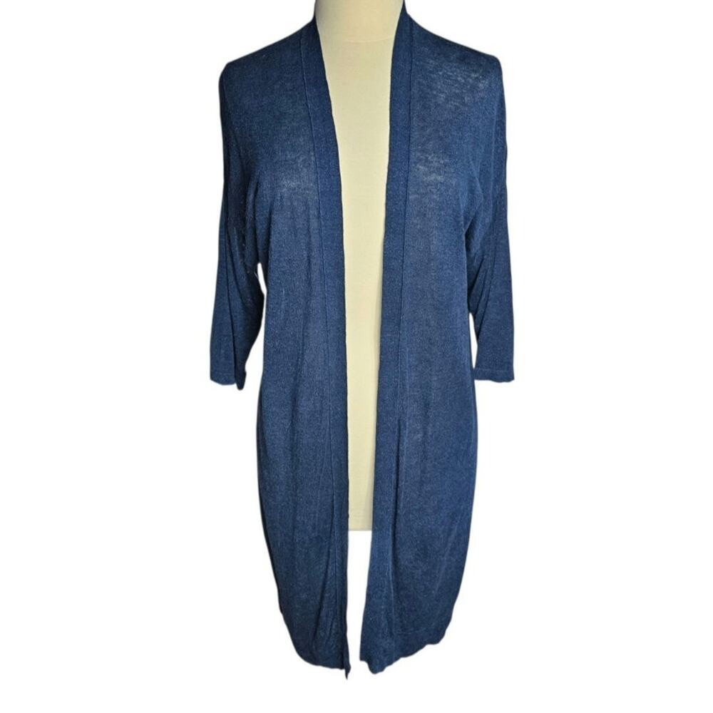 J Jill Blue Linen Blend Open Front Cardigan Duster Sweater Womens Size Small